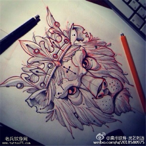 狮子皇冠纹身手稿图案