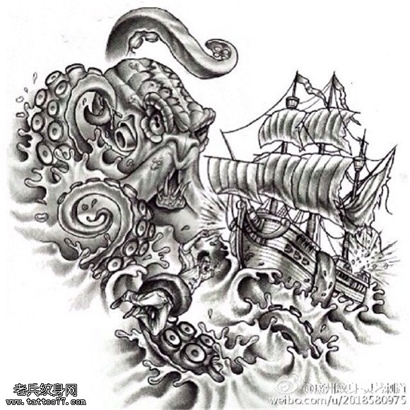 章鱼帆船纹身手稿图片