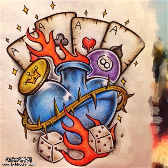 彩色心牌骰子纹身手稿图案