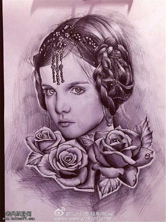 黑灰女郎玫瑰纹身手稿图片