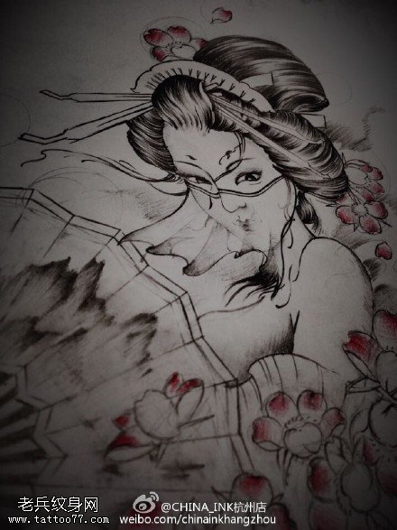 艺妓樱花纹身手稿图案