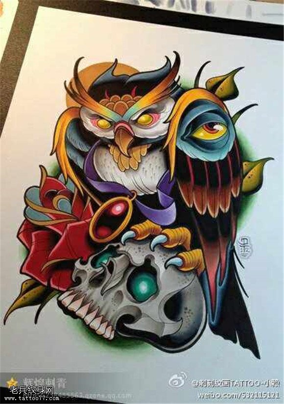 彩色school猫头鹰玫瑰骷髅纹身图片