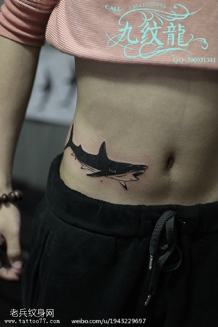 腹部大鲨鱼刺青纹身图案