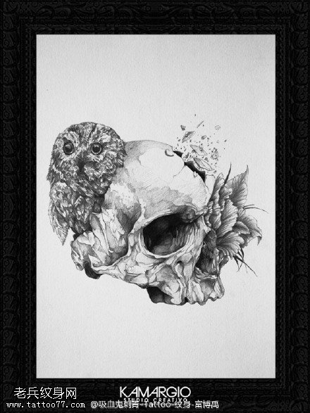 惊悚的骷髅猫头鹰纹身图案