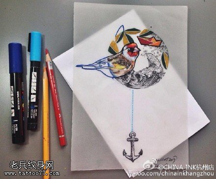抽象派小鸟船锚手稿纹身图案