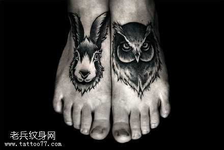 脚上的猫头鹰兔子纹身图案