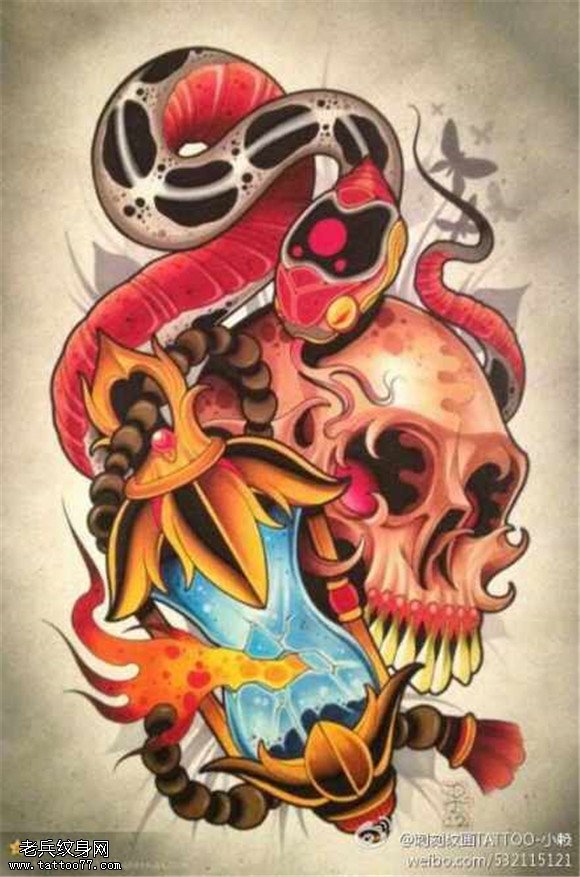 彩色蛇骷髅灯塔纹身手稿图