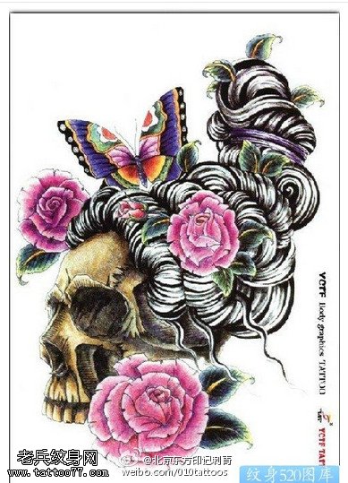 惊悚的骷髅艺妓手稿纹身图案