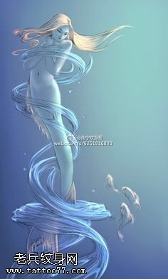 彩色美人鱼手稿纹身图案