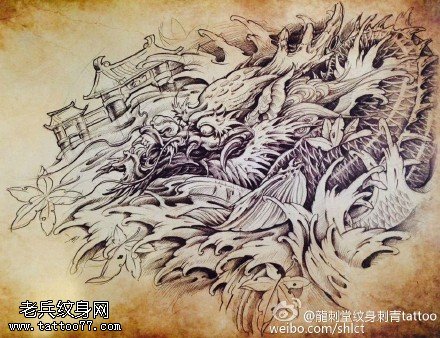 中国风经典龙图腾浪花纹身图案