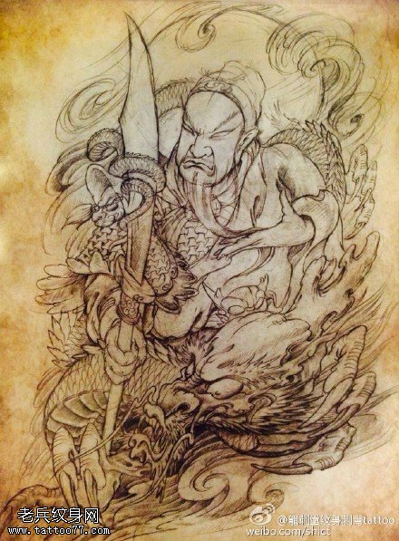 素描关二爷手稿纹身图案