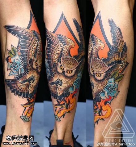 小腿彩绘猫头鹰纹身图案