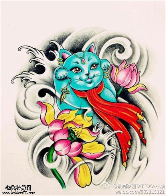 彩色招财猫莲花纹身手稿图案