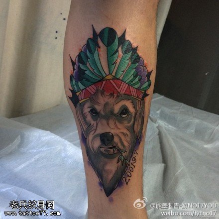 腿部彩色印第安外星人纹身图案