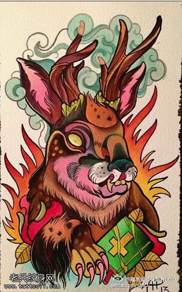 祥云缠绕麋鹿纹身图案