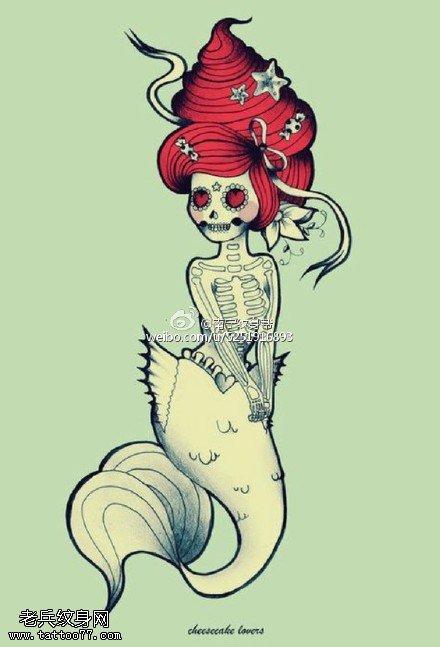 骷髅美人鱼之美手稿纹身图案