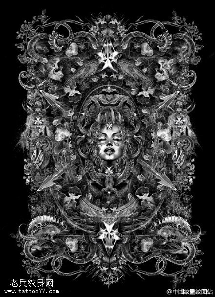 欧美黑白两色经典风格纹身图案