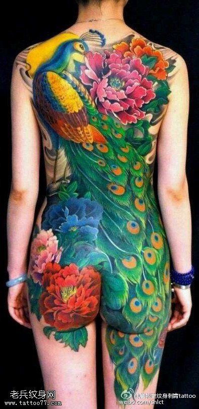 满背凤凰牡丹花纹身图案