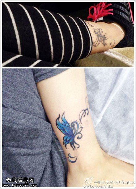 脚部宝蓝色蝴蝶纹身图案