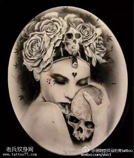美女惊悚的骷髅玫瑰纹身图案