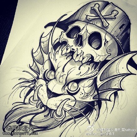 霸气的龙头骷髅手稿纹身图案