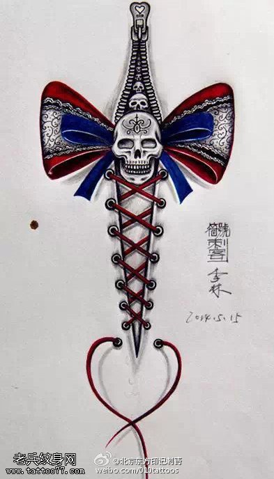 骷髅拉链蝴蝶结纹身图案