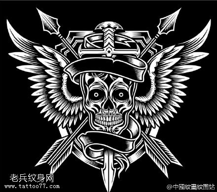 经典刀剑降恶神骷髅纹身图案