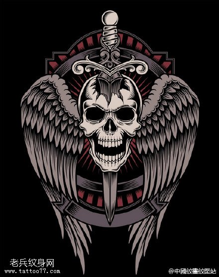 骷髅翅膀刀柄手稿纹身图案