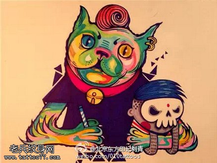 彩绘机智的小狗手稿纹身图案