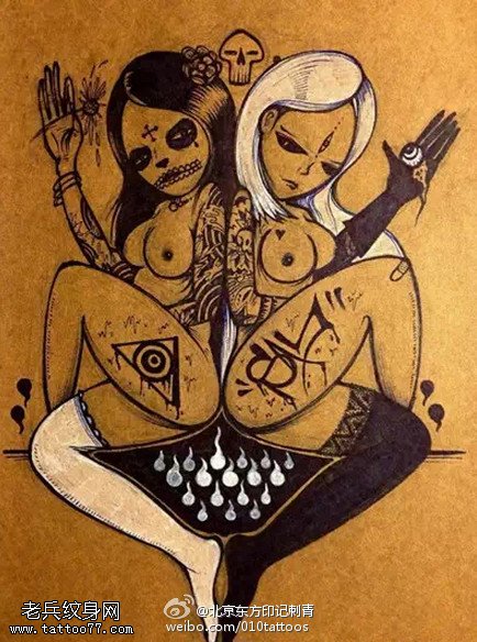 欧美风黑白女郎手稿纹身图案