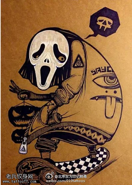 欧美风骷髅滑轮纹身图案