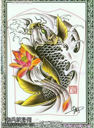 中国风格锦鲤手稿纹身图案