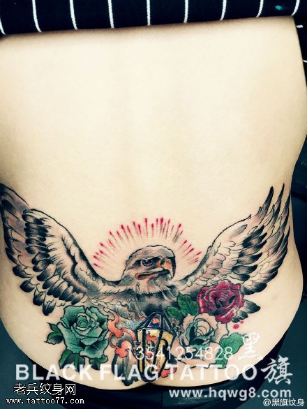 彩色飞鹰展翅彩色玫瑰纹身图案