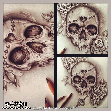 惊悚的骷髅手稿纹身图案