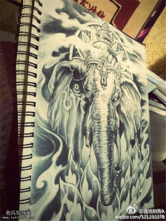 黑灰素描象神纹身手稿图片