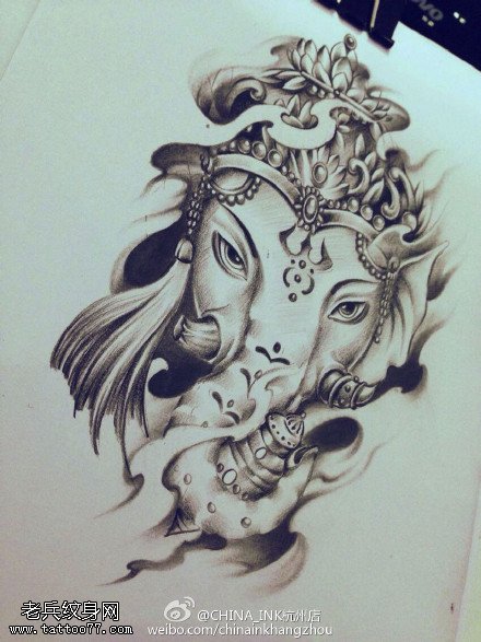 素描黑灰象神纹身图片