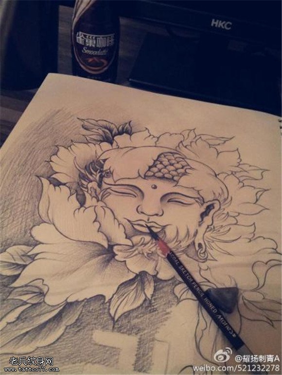 牡丹佛纹身线稿图案