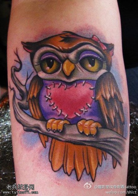 腿部猫头鹰彩色纹身图案