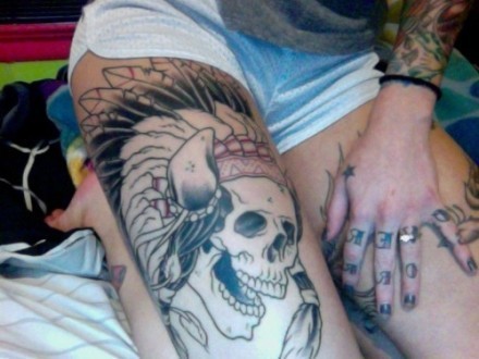 大腿上个性夸张骷髅纹身图片
