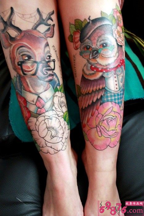 小腿创意猫头鹰和麋鹿图片