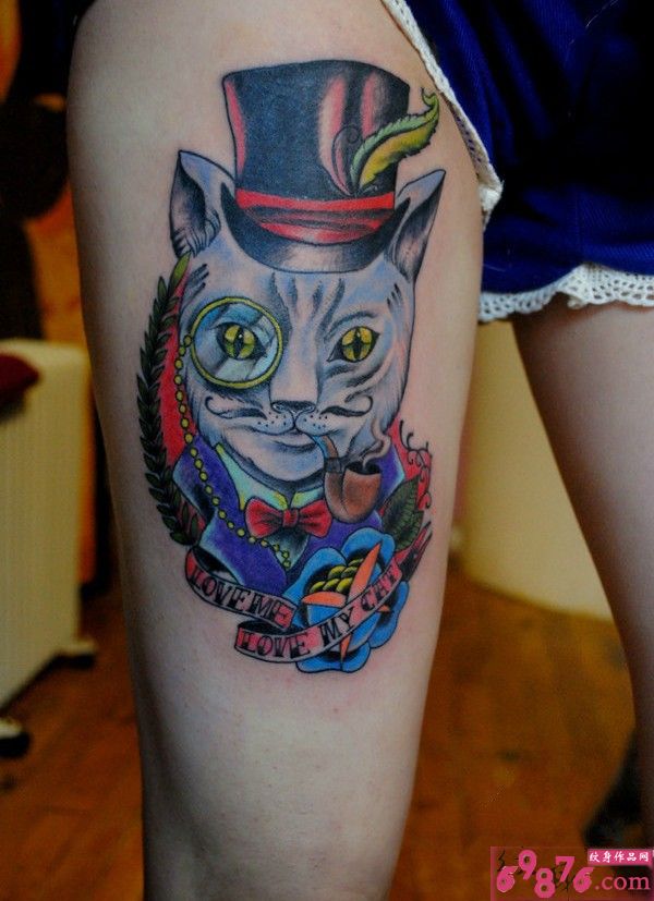 大腿朋克抽烟侦探猫咪纹身图片