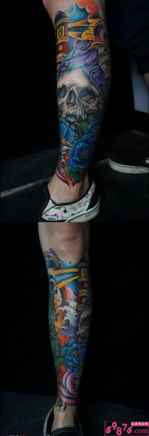 创意个性花腿欧美骷髅纹身图片