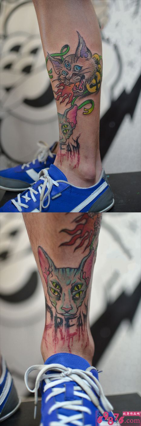 个性创意猫咪小腿霸气纹身图片