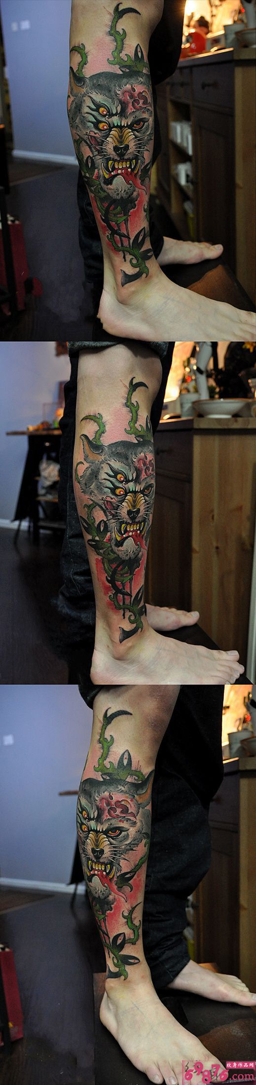 霸气愤怒的豹子嗜血小腿纹身图片