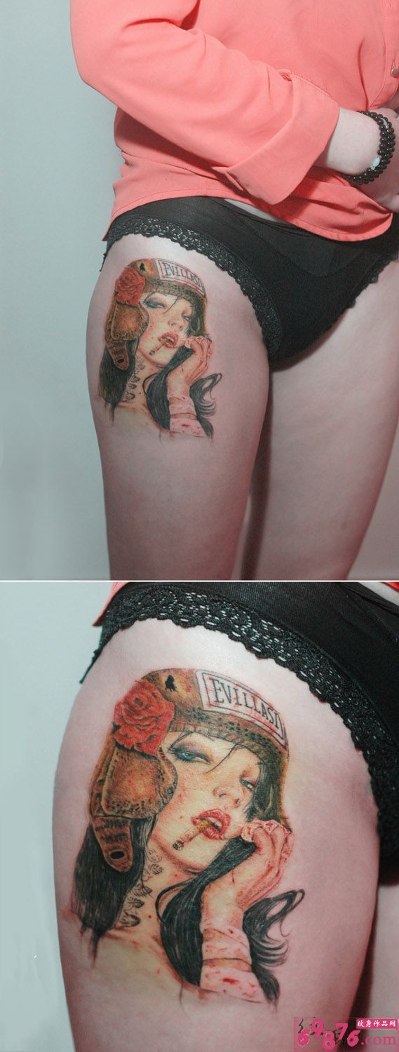 创意腥红色抽烟美女大腿纹身图片
