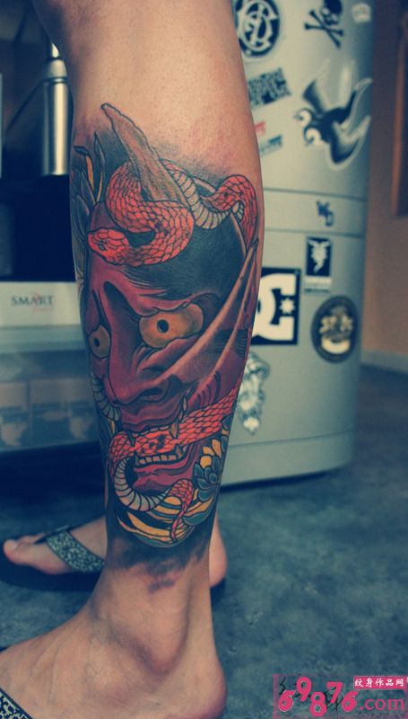 日式般若创意花小腿纹身图片