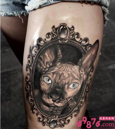 大腿宠物狗复古风格纹身图片