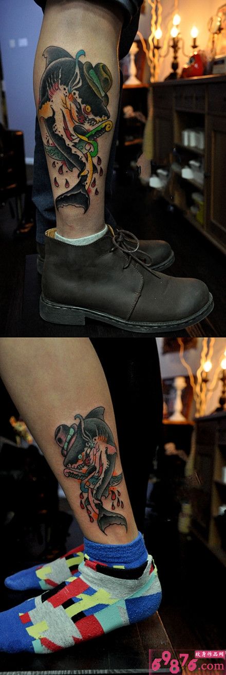 霸气鲨鱼黑帮个性小腿纹身图片