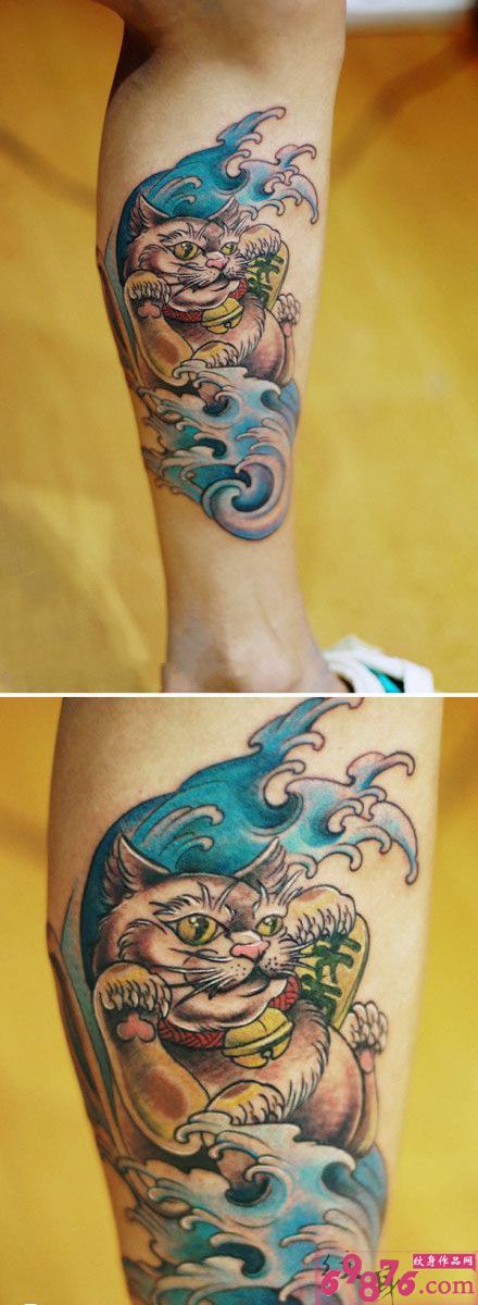 创意海浪招财猫小腿纹身图片