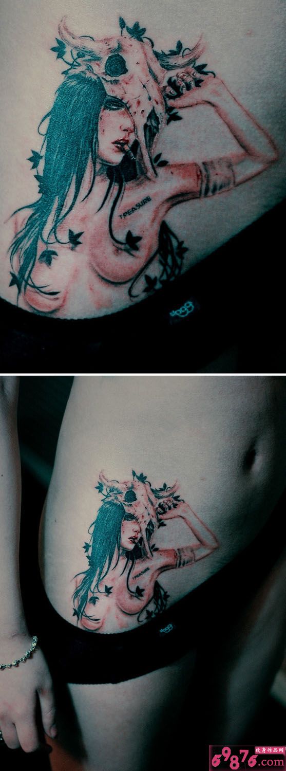 性感冷艳美女狂野大腿纹身图片